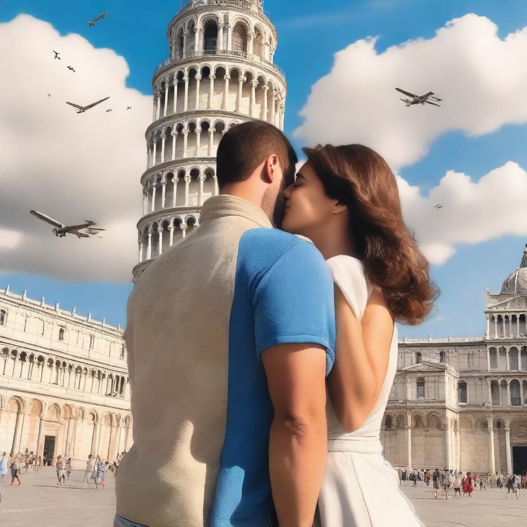 A romance book cover featuring a couple saying goodbye to each other in front of the Leaning Tower of Pisa in Italy