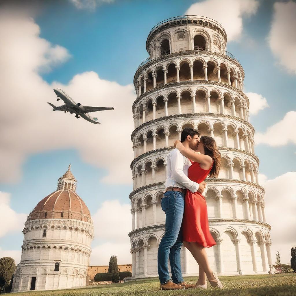 Create a romance book cover featuring a couple saying goodbye to each other in front of the Leaning Tower of Pisa in Italy