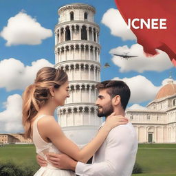 Create a romance book cover featuring a couple saying goodbye to each other in front of the Leaning Tower of Pisa in Italy