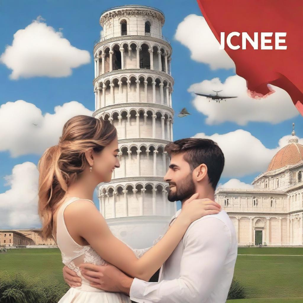Create a romance book cover featuring a couple saying goodbye to each other in front of the Leaning Tower of Pisa in Italy