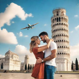 Create a romance book cover featuring a couple saying goodbye to each other in front of the Leaning Tower of Pisa in Italy