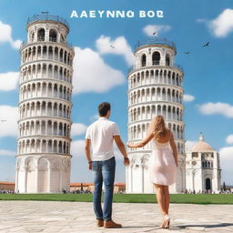 Create a romance book cover featuring a couple saying goodbye to each other in front of the Leaning Tower of Pisa in Italy