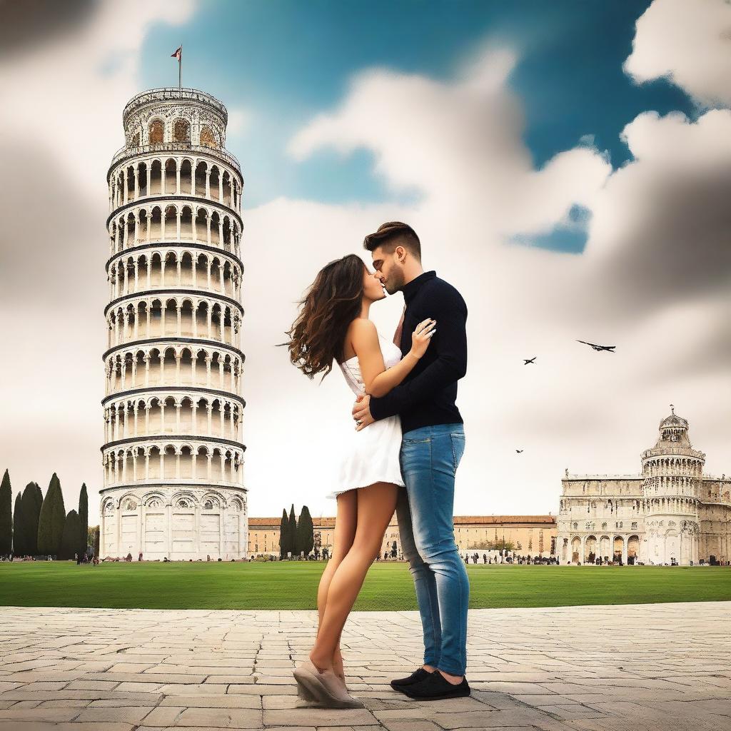 Create a Wattpad romance book cover featuring a couple saying goodbye to each other in front of the Leaning Tower of Pisa in Italy