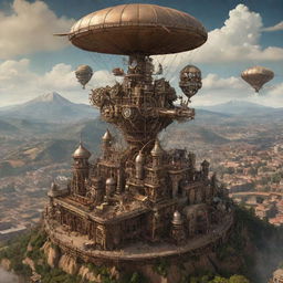 A vision of Rwanda in a steampunk aesthetic, featuring Kigali's skyline fronted by sculpturesque mechanical art, terraced hillsides interlaced with intricate gears and cogwork, and silver-peaked mountains hosting ornate airships.