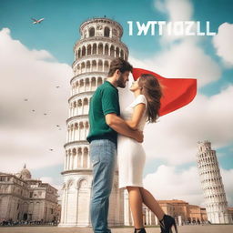 Create a Wattpad romance book cover featuring a couple saying goodbye to each other in front of the Leaning Tower of Pisa in Italy