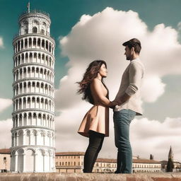 Create a Wattpad romance book cover featuring a couple saying goodbye to each other in front of the Leaning Tower of Pisa in Italy