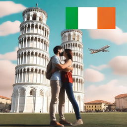 Create a Wattpad romance book cover featuring a couple saying goodbye to each other in front of the Leaning Tower of Pisa in Italy