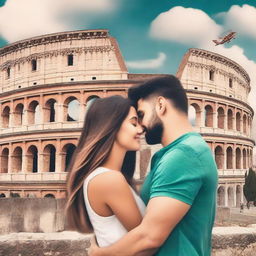 Create a Wattpad romance book cover featuring a couple saying goodbye to each other in front of the Colosseum in Italy