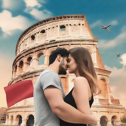 Create a Wattpad romance book cover featuring a couple saying goodbye to each other in front of the Colosseum in Italy