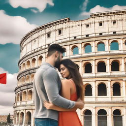 Create a Wattpad romance book cover featuring a couple saying goodbye to each other in front of the Colosseum in Italy