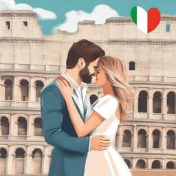 Create a drawn romance book cover featuring a couple saying goodbye to each other in front of the Colosseum in Italy