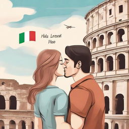 Create a drawn romance book cover featuring a couple saying goodbye to each other in front of the Colosseum in Italy