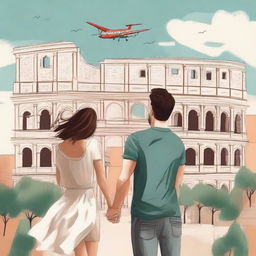 Create a drawn romance book cover featuring a couple saying goodbye to each other in front of the Colosseum in Italy