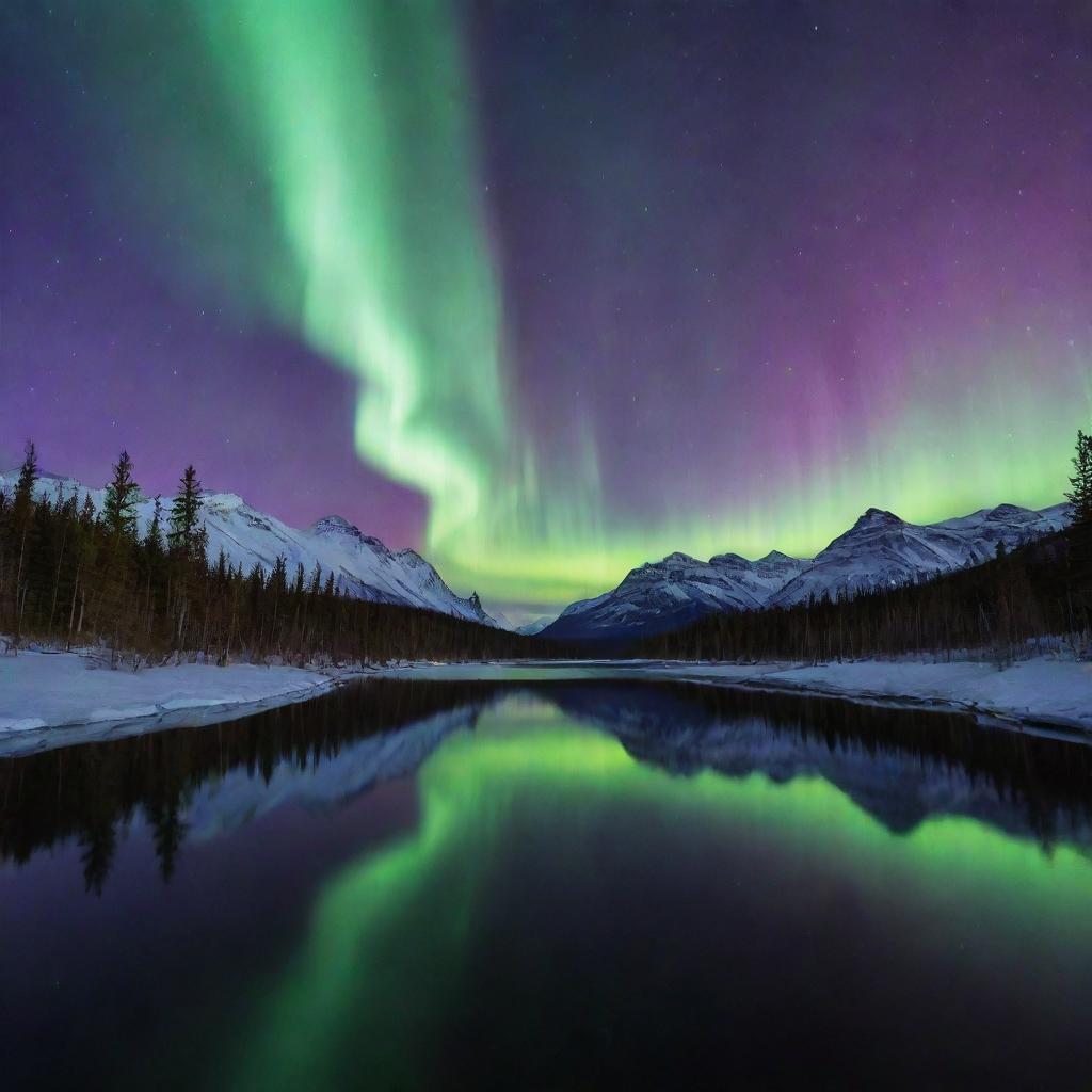 A stunning twilight scene with a deep purple sky acting as the backdrop for the exquisite dance of the Northern Lights. Merge the vibrant aurora borealis with the tranquil nightfall to create a captivating landscape.