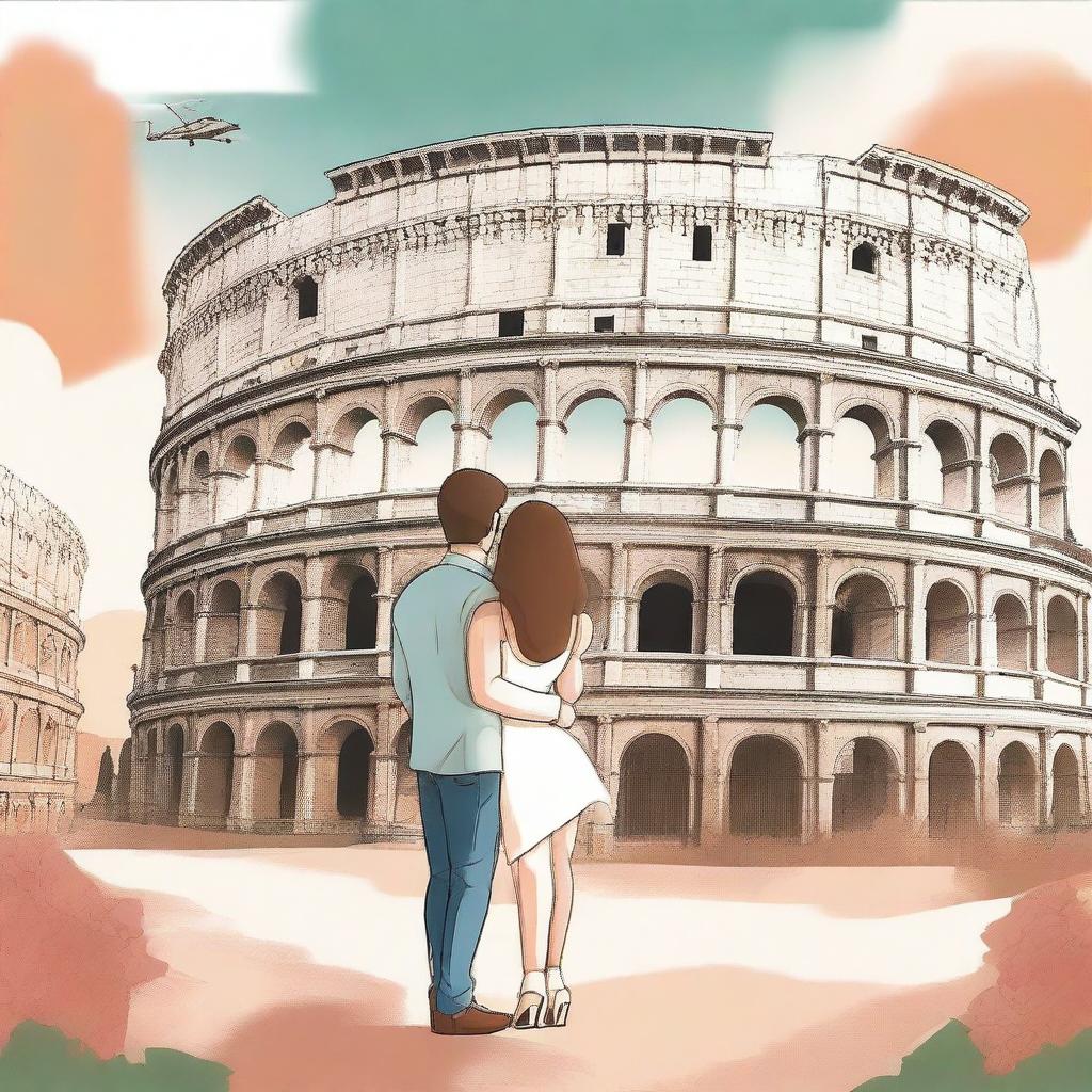 Create a drawn romance book cover featuring a couple saying goodbye to each other in front of the Colosseum in Italy