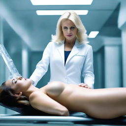 A very beautiful Latina woman, aged 47, with blonde hair and a tall, MILF style, lies on a stretcher in a futuristic laboratory