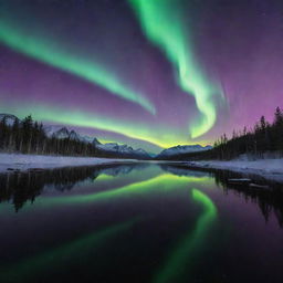 A stunning twilight scene with a deep purple sky acting as the backdrop for the exquisite dance of the Northern Lights. Merge the vibrant aurora borealis with the tranquil nightfall to create a captivating landscape.