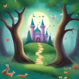 Create a captivating book cover featuring an enchanted forest with mystical creatures and a hidden castle in the background