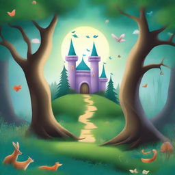 Create a captivating book cover featuring an enchanted forest with mystical creatures and a hidden castle in the background