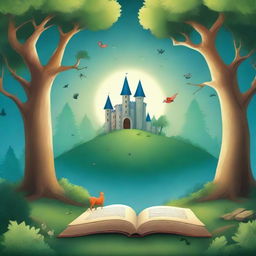 Create a captivating book cover featuring an enchanted forest with mystical creatures and a hidden castle in the background