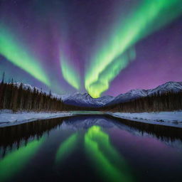 A stunning twilight scene with a deep purple sky acting as the backdrop for the exquisite dance of the Northern Lights. Merge the vibrant aurora borealis with the tranquil nightfall to create a captivating landscape.