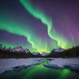 A stunning twilight scene with a deep purple sky acting as the backdrop for the exquisite dance of the Northern Lights. Merge the vibrant aurora borealis with the tranquil nightfall to create a captivating landscape.