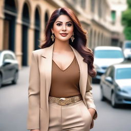 A confident Pakistani woman with an ample bust, dressed in a stylish and elegant outfit