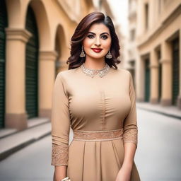 A confident Pakistani woman with an ample bust, dressed in a stylish and elegant outfit