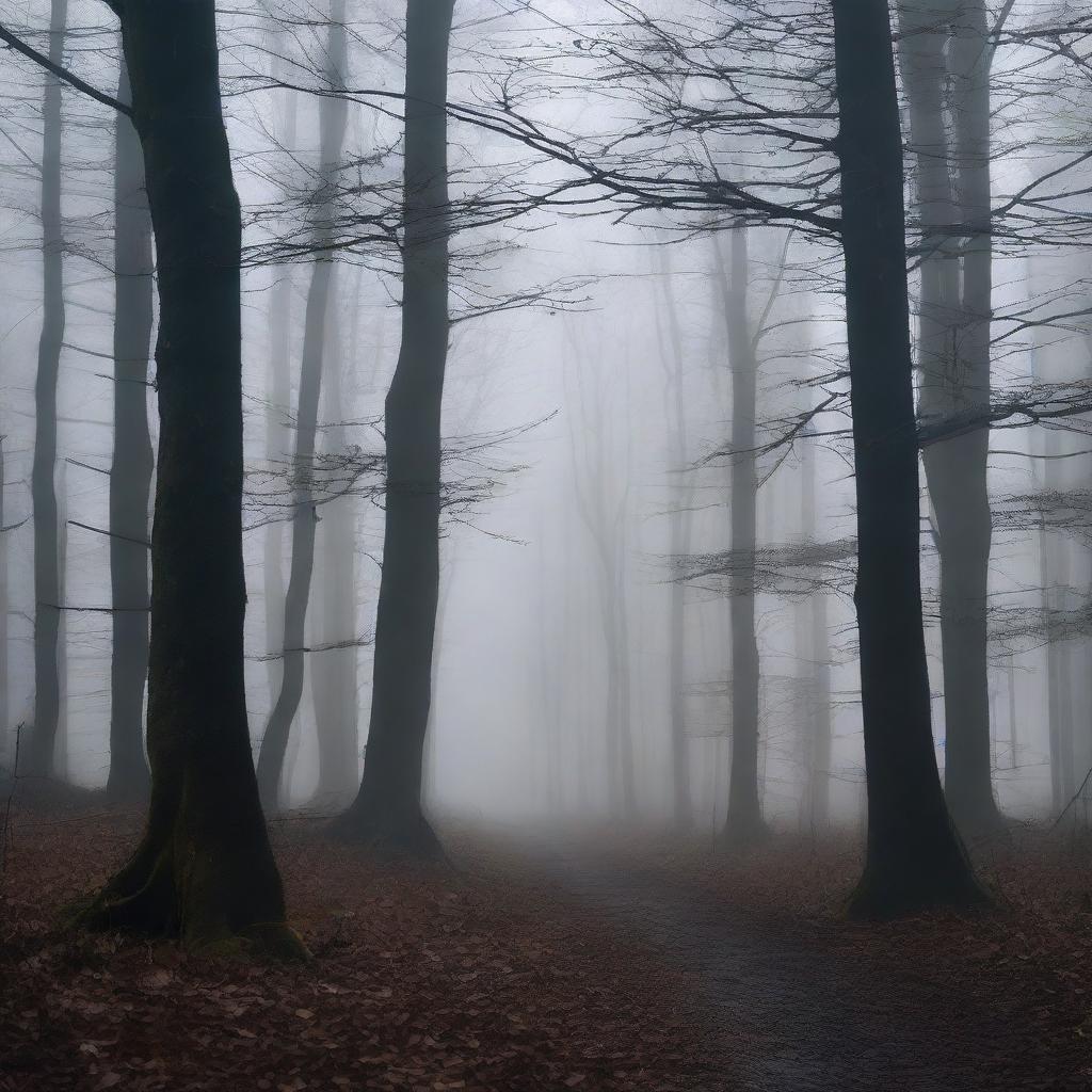 A dark and mysterious forest with towering trees and a dense fog that creates an eerie atmosphere