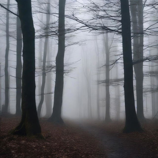 A dark and mysterious forest with towering trees and a dense fog that creates an eerie atmosphere