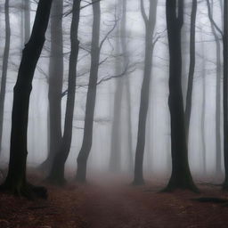 A dark and mysterious forest with towering trees and a dense fog that creates an eerie atmosphere