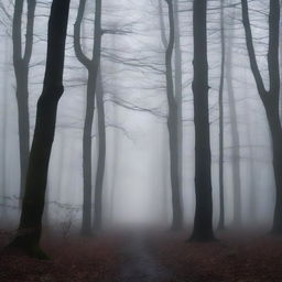 A dark and mysterious forest with towering trees and a dense fog that creates an eerie atmosphere