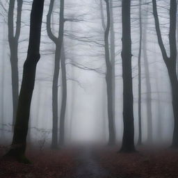 A dark and mysterious forest with towering trees and a dense fog that creates an eerie atmosphere