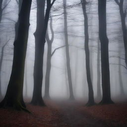 A dark and mysterious forest with towering trees and a dense fog that creates an eerie atmosphere