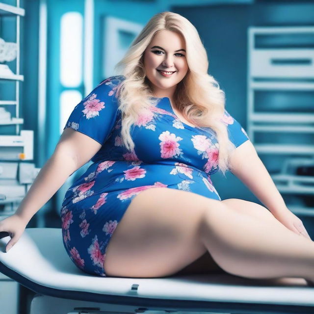 A sexy woman with curves, bbw, with long messy blonde hair, wearing a blue floral mini dress, with a beautiful smile and a deep neckline, lying on a stretcher in a futuristic laboratory