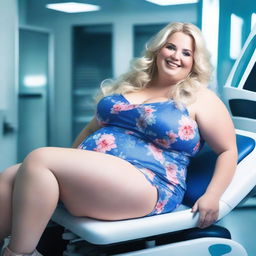 A sexy woman with curves, bbw, with long messy blonde hair, wearing a blue floral mini dress, with a beautiful smile and a deep neckline, lying on a stretcher in a futuristic laboratory