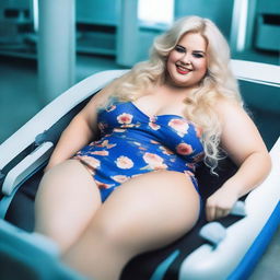 A sexy woman with curves, bbw, with long messy blonde hair, wearing a blue floral mini dress, with a beautiful smile and a deep neckline, lying on a stretcher in a futuristic laboratory