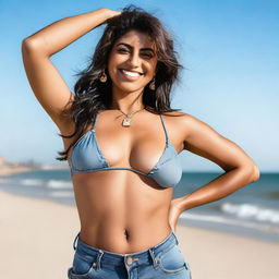 A confident Pakistani woman with an ample bust, wearing a bikini top and jean shorts, showcasing a belly button piercing