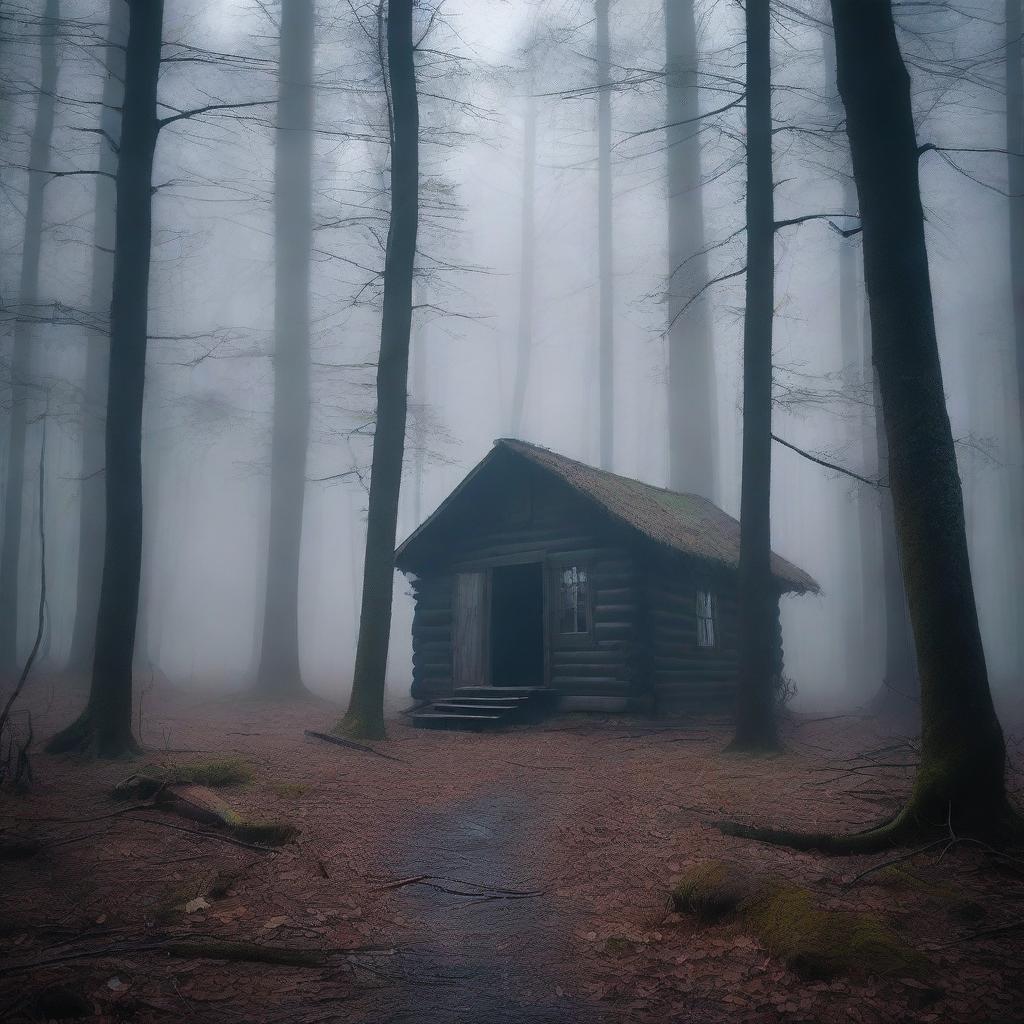 A dark and mysterious forest with towering trees and a dense fog that creates an eerie atmosphere