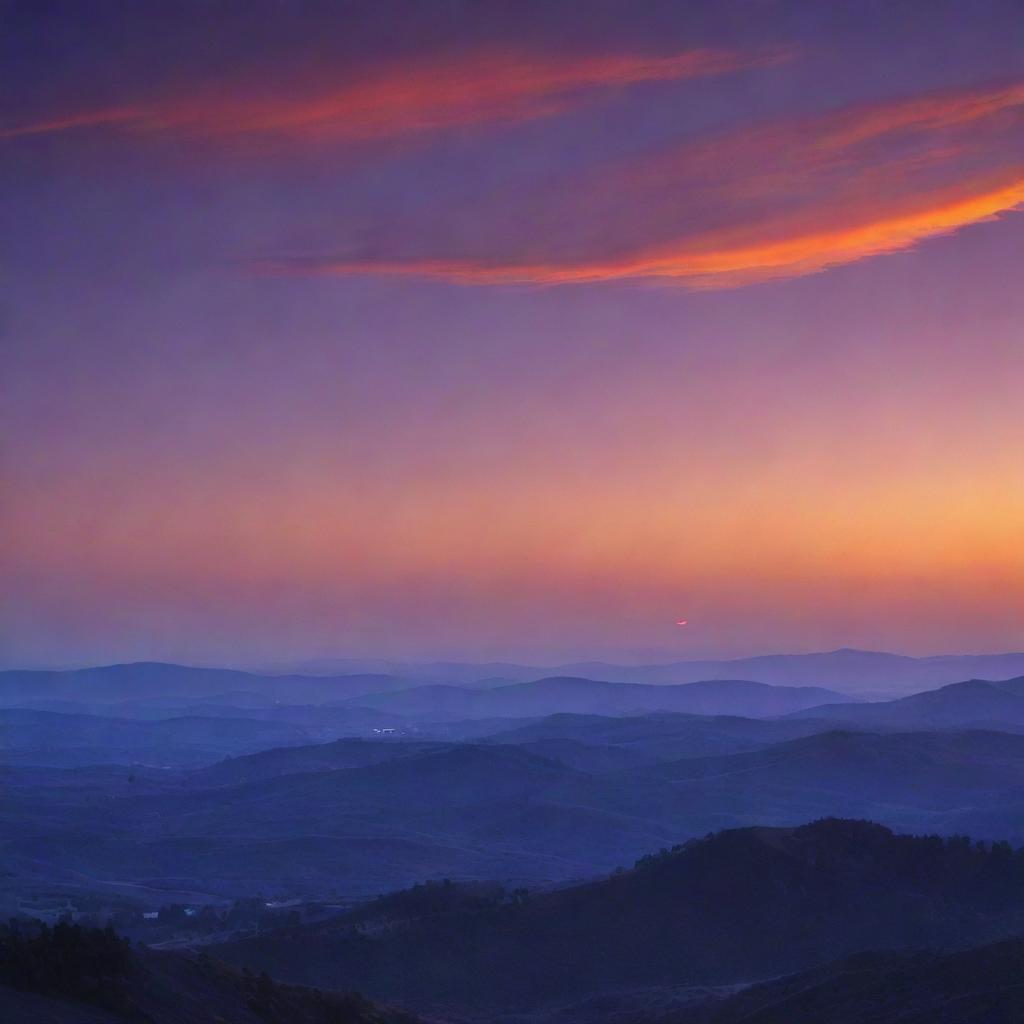 A beautiful image of twilight with the sky transitioning from bright orange to deep, royal purple, casting a serene and tranquil atmosphere over the landscape below.