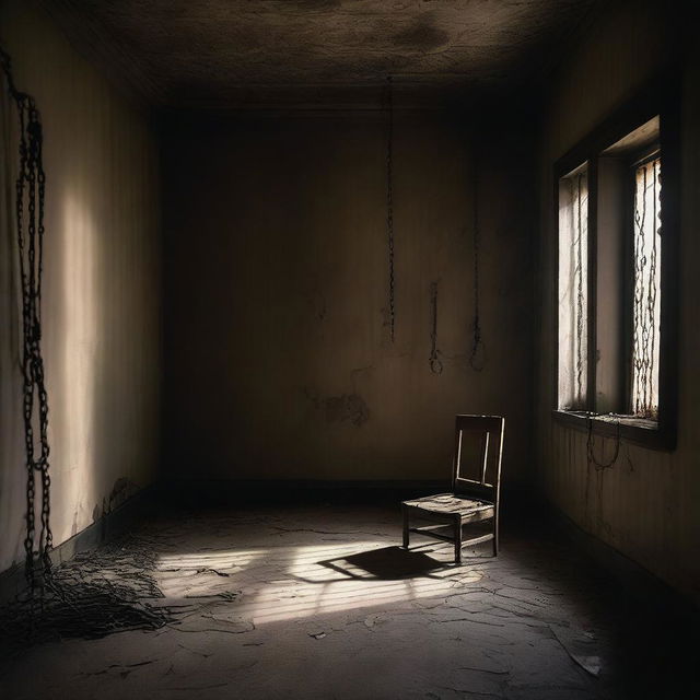 A dimly lit room with a single chair in the center, where a woman is bound and held captive