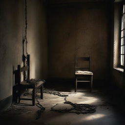 A dimly lit room with a single chair in the center, where a woman is bound and held captive