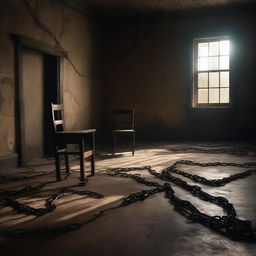 A dimly lit room with a single chair in the center, where a woman is bound and held captive