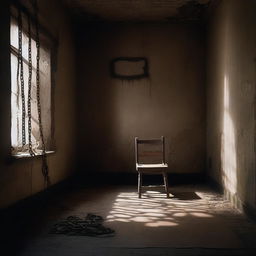 A dimly lit room with a single chair in the center, where a woman is bound and held captive