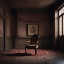 A dimly lit room with a single chair in the center, where the atmosphere hints at a romantic yet tense scenario