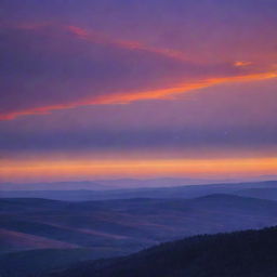 A beautiful image of twilight with the sky transitioning from bright orange to deep, royal purple, casting a serene and tranquil atmosphere over the landscape below.