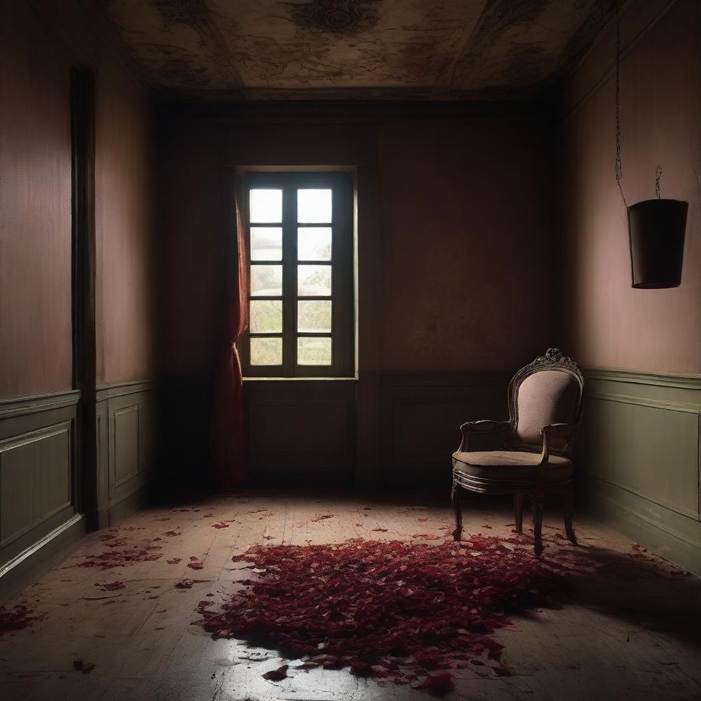 A dimly lit room with a single chair in the center, where the atmosphere hints at a romantic yet tense scenario