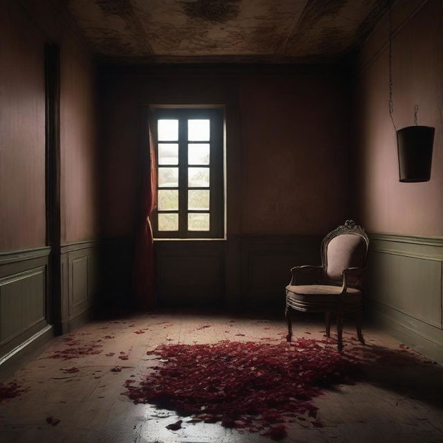 A dimly lit room with a single chair in the center, where the atmosphere hints at a romantic yet tense scenario