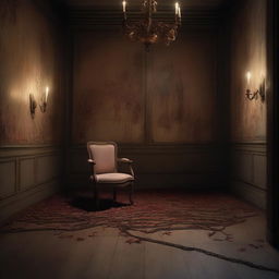 A dimly lit room with a single chair in the center, where the atmosphere hints at a romantic yet tense scenario