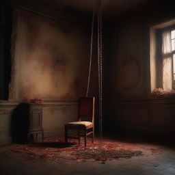 A dimly lit room with a single chair in the center, where the atmosphere hints at a romantic yet tense scenario